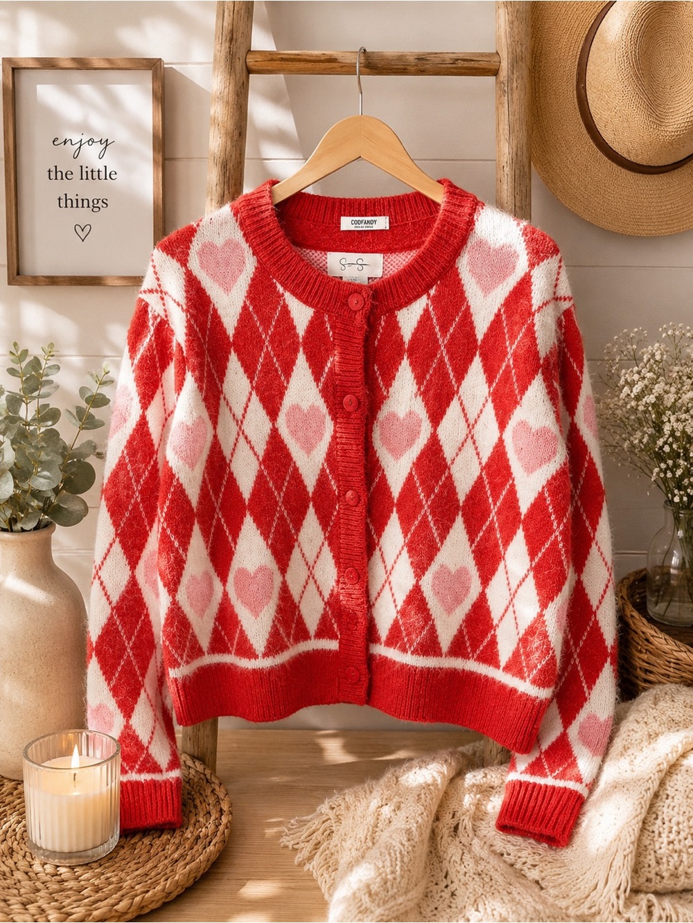 Jessica Simpson Red, White & Pink Argyle Heart Cardigan
